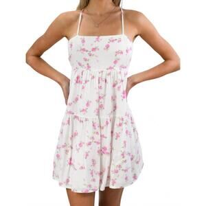 NEW SKY TO MOON petals open back tiered sundress in white with pink flowers